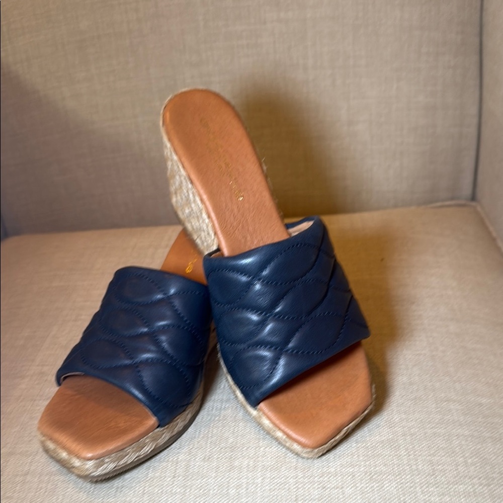 Quilted Navy Slide Wedge Sandals